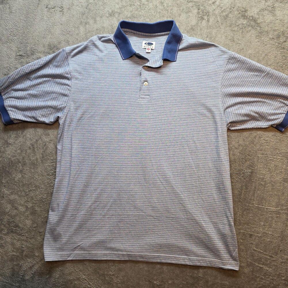 Haley Polo Shirt Mens L Blue Striped Contrast Collar Short Sleeve Knit Golf